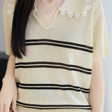 Gentle Commuter Lace Trim Striped Knit T-shirt