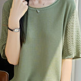 Elegant Tencel Lyocell Hollow-Out Cuffed Crew Neck Knit Top