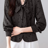 French Commuter V‑Neck Long‑Sleeve Blouse With Tie Detail And Polka‑Dot Print