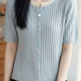 Casual Color Contrast Collar Contrast Button Ribbed Knit Top