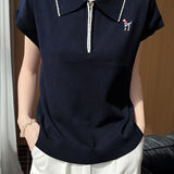 Elegant Commuter Contrast Trim Puppy Embroidery Half-Zip Knit T-Shirt