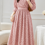 Elegant Soft V-Neck Polka Dot Waisted Three-Quarter Sleeve Dress