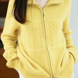 Casual Retro Cable‑Knit Spliced Zip‑Up Cardigan