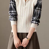 Casual Fake Two-Piece Plaid Spliced Zip Half-Placket Knit Top