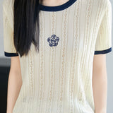 Gentle Commuter Color Contrast Crew Neck Hollow-out Short Sleeve Knit Top