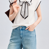 Elegant Commuter Polka Dot Scarf Collar Knit T-shirt