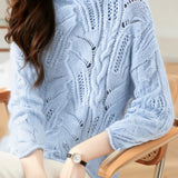 Casual Versatile Half-High Neck Hollow-Out Solid-Color Knitted Top