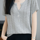Casual Commuter Tencel Linen V-Neck Hollow-Out Short-Sleeve Knit Top