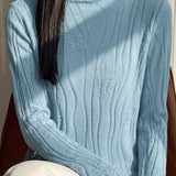 Elegant Commuter Mock Neck 3D Embossed Jacquard Long‑Sleeve Knit Sweater