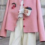 Casual Color‑Block Stand‑Collar Coat With 3D Cherry Decorations