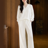 Casual Waffle Half‑Placket Long‑Sleeve Top And Wide‑Leg Pants Set