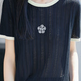 Gentle Commuter Color Contrast Crew Neck Hollow-out Short Sleeve Knit Top