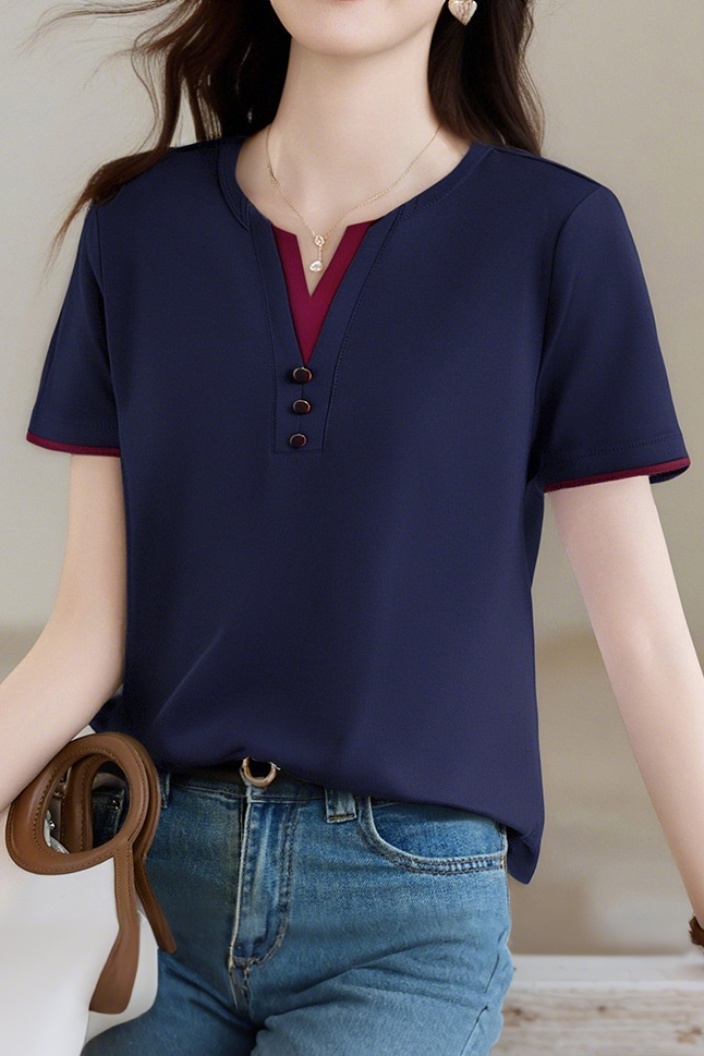 Casual V-Neck Fake Two-Piece T-Shirt - liwisi