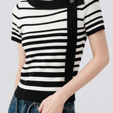 Elegant Color-Block Black And White Stripe Short Sleeve Knit Top