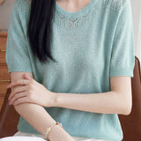 Elegant Commuter Ruffle Trim Short Sleeve Knit Top