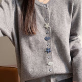 Casual Crew Neck Long‑Sleeve Knit Coat With Starfish Shell Buttons