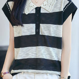 Gentle Commuter Lace Doll Collar Short Sleeve Knit Top