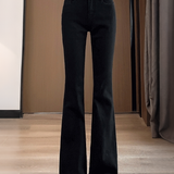 Casual High‑Waisted Double‑Button Flare Denim Trousers