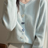Casual Crew Neck Long‑Sleeve Knit Coat With Starfish Shell Buttons