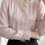French Commuter V-Neck Lantern Sleeve Blouse With Lace Trim