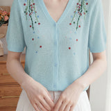 Gentle Elegant Plum Blossom Embroidered Tencel Short Sleeve Knit Top