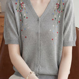 Gentle Elegant Plum Blossom Embroidered Tencel Short Sleeve Knit Top