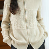 Casual Retro Cable‑Knit Spliced Zip‑Up Cardigan