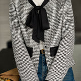 Elegant Commuter Crew Neck Tie & Button Long Sleeve Coat