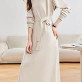 Elegant Commuter Turtleneck Belted Long-Sleeve Knit Dress