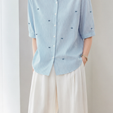 Fresh Commuter Bow Embroidery Blue And White Striped Shirt