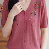 Gentle Elegant Plum Blossom Embroidered Tencel Short Sleeve Knit Top