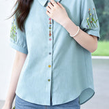 Casual Fresh Floral & Plant Embroidered 100% Cotton Blouse