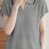 Casual Elegant Tencel Linen Hollow-out Polo Collar Short Sleeve Knit Top