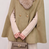 Elegant Double Breasted Cape Coat With Fur Collar