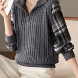 Casual Fake Two-Piece Plaid Spliced Zip Half-Placket Knit Top