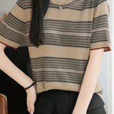 Vintage Commuter Color-block Striped Ribbed Knit T-shirt