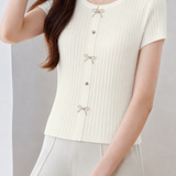 Gentle Commuter Bow Faux Button Knit T-shirt