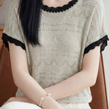 Gentle Commuter Color Contrast Wavy Crew Neck Hollow-out Short Sleeve Knit Top