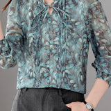 Elegant Commuter Ruffled Stand‑Collar Long‑Sleeve Lantern‑Sleeve Printed Shirt