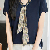 Elegant Commuter V-Neck Printed Sash Short Sleeve Knit Top