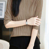 Casual Floral Embossed Vertical Stripe Crew Neck Knit Top