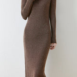 Elegant Commuter Lapel Midi‑Length Knit Dress