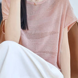 Elegant Commuter Wavy Hollow-out Short Sleeve Knit Top