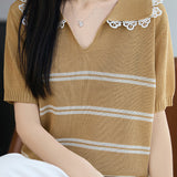 Gentle Commuter Lace Trim Striped Knit T-shirt