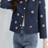 Elegant Chunky Knit Jacket With Pearl Ornaments & Snowflake Embroidery