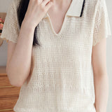 Casual Elegant Tencel Linen Hollow-out Polo Collar Short Sleeve Knit Top