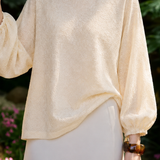 Vintage Shadow Jacquard Blouse With Teardrop Buttons & Lantern Sleeves