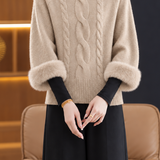 Chic Turtleneck Cable Knit Elbow Sleeve Sweater - liwisi