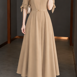 French Elegant Round Neck Partial Placket Three‑Quarter Sleeve Dress