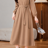 Casual Round Neck Lantern Sleeve Waist Tie Dress